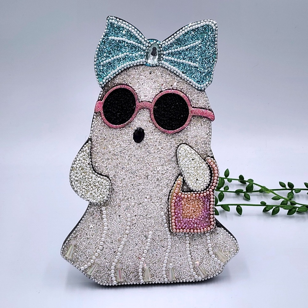 Halloween Beaded Ghost Tabletop‎ Decor Figurine 9.5" Bow Glasses Purse Glam NEW